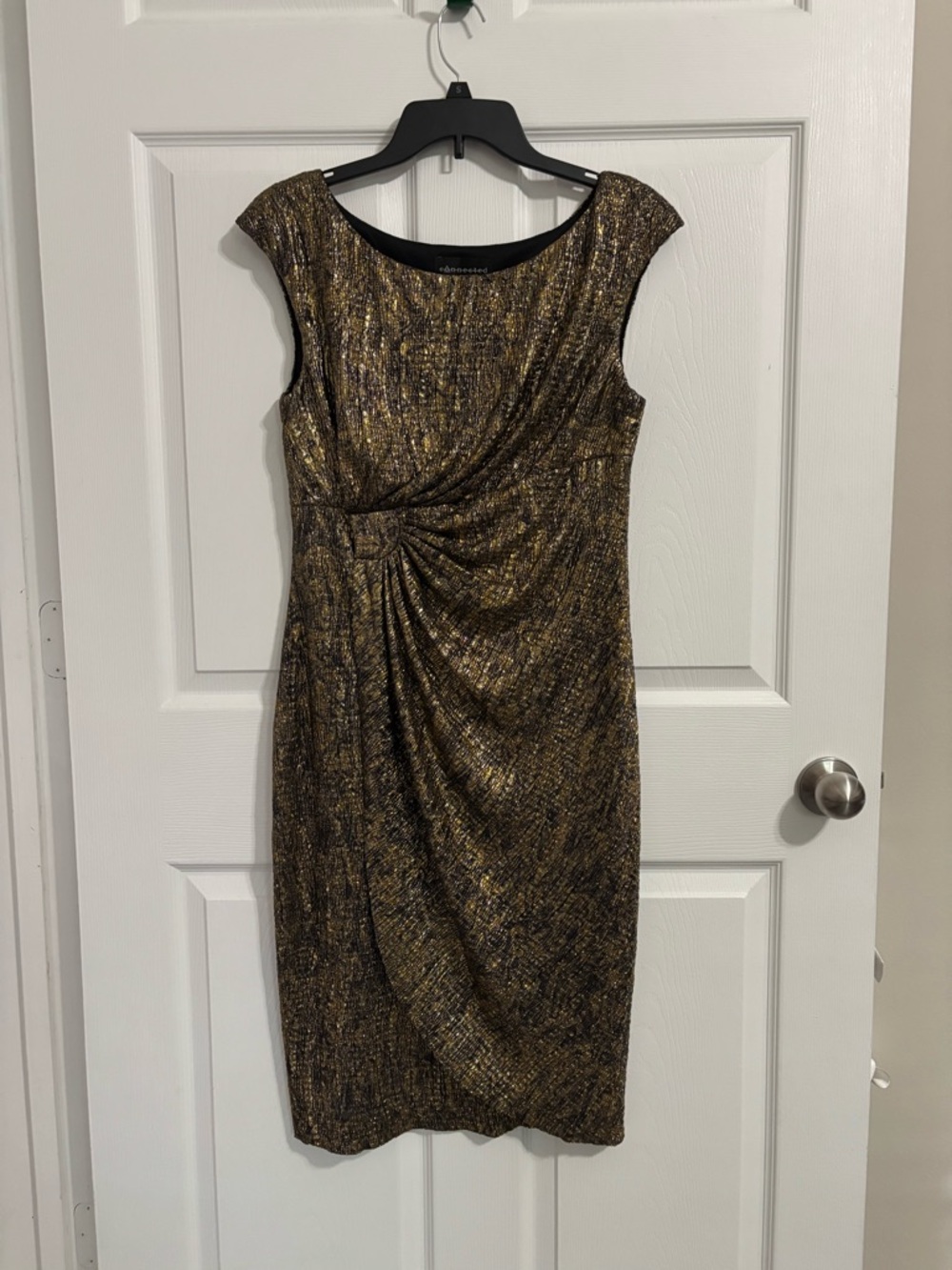 connected apparel Metallic Gold Twist-Drape Midi Dress